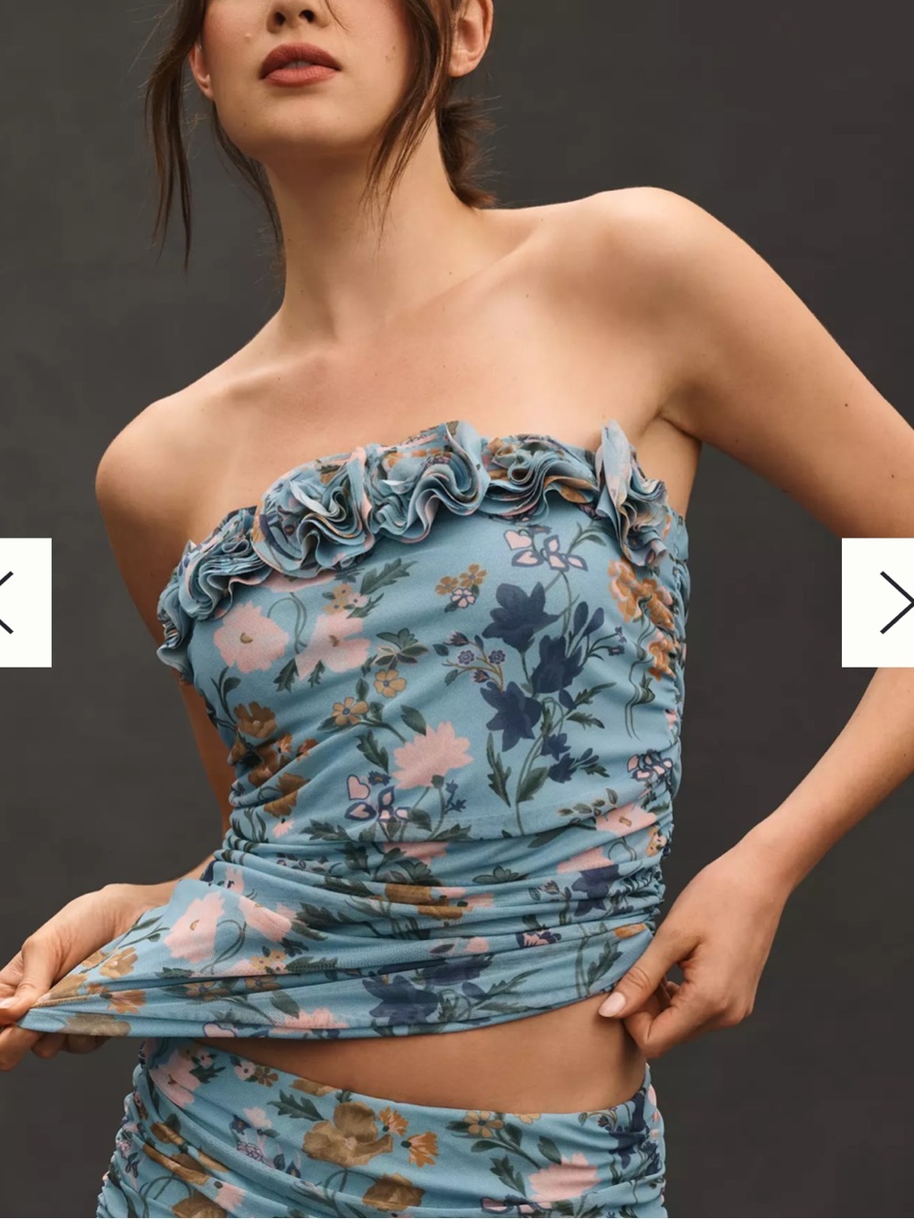 Anthropologie Blue Floral gathered Strapless Camisole